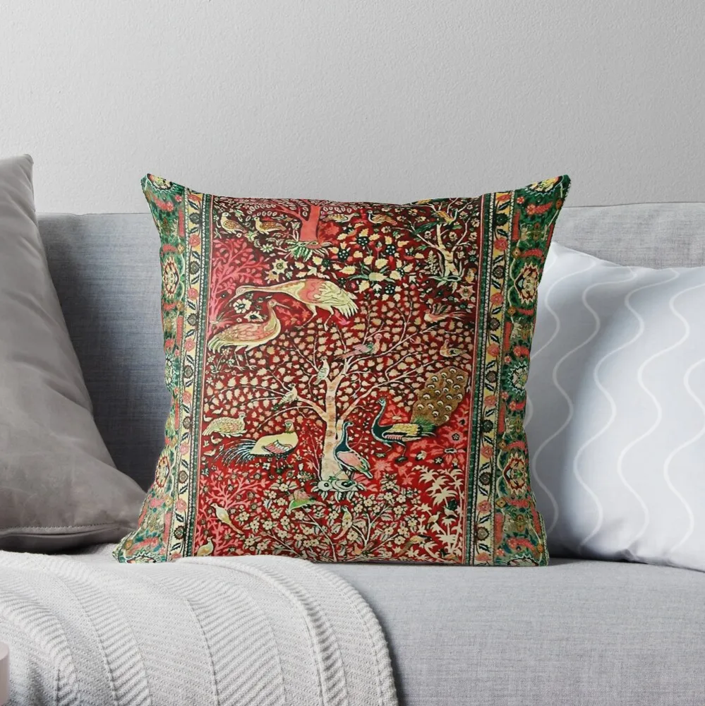 Antique Persian Rug Bird Tree Flowers ca. 1600 Print Throw Pillow
