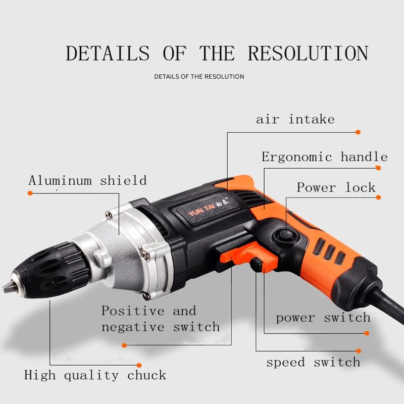 220V 1380W 고출력 다기능 토크 전기 드릴, 천공기 용 고출력 이중 감소 전기 핸드 드릴