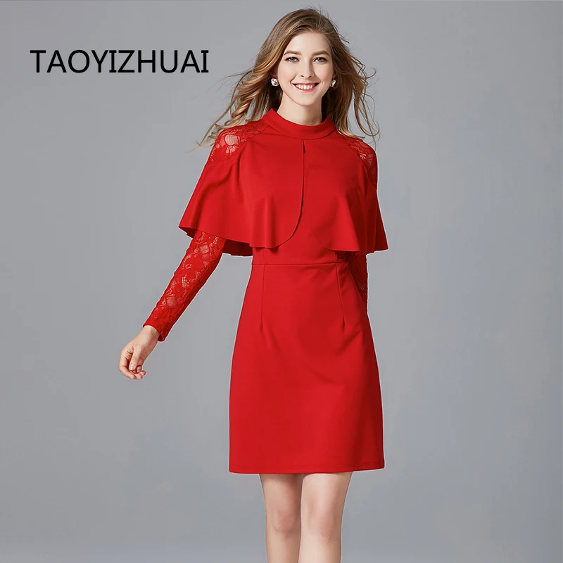TAOYIZHUAI осеннее винтажное стильное кружевное женское платье красного и черного