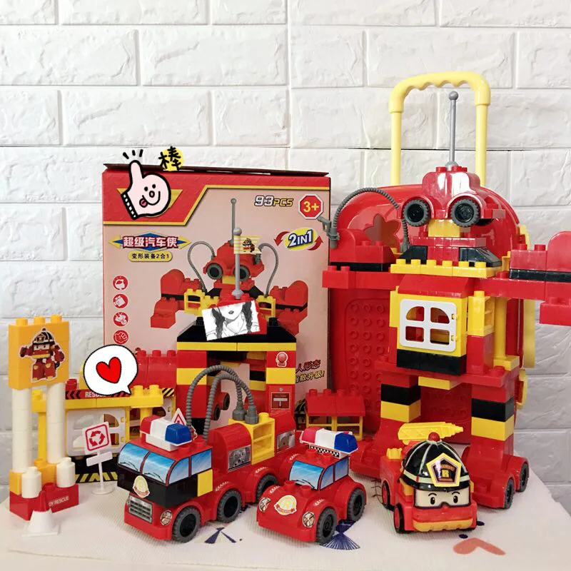 

Transformation Car Man 2-in-1 Children Travelling Trolley Case Building Blocks 93pcs Large Particles Toy Children DIY Toy