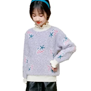

Top Quality School Girl Turtleneck Sweater Baby Girl Sweater Embroidery Floral Pattern Flower Knitwear 5 6 7 8 9 11 13 Years Old