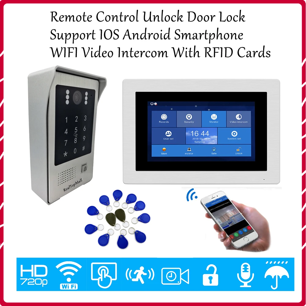 720P WiFi IP Video Door Phone Intercom System 7'' Touch Screen Free App Remote Unlock Keypad RFID Card Access Control System