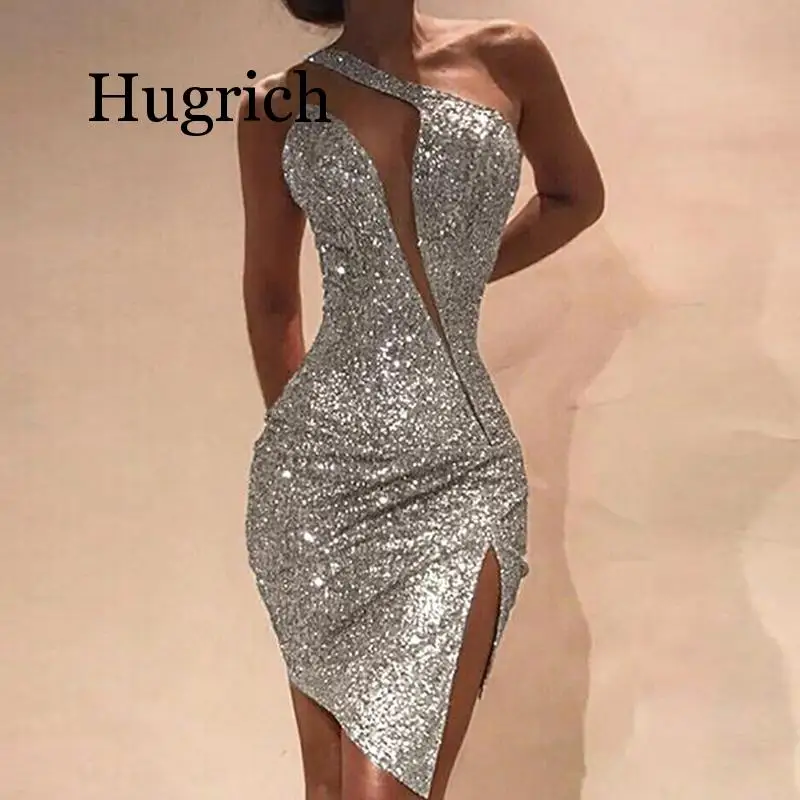 

Women Sequin Dress Elegant Off Shoulder Puff Sleeve Mesh Party Dress 2020 Spring Halter Glitter Shiny Bodycon Mini Dress Vestido