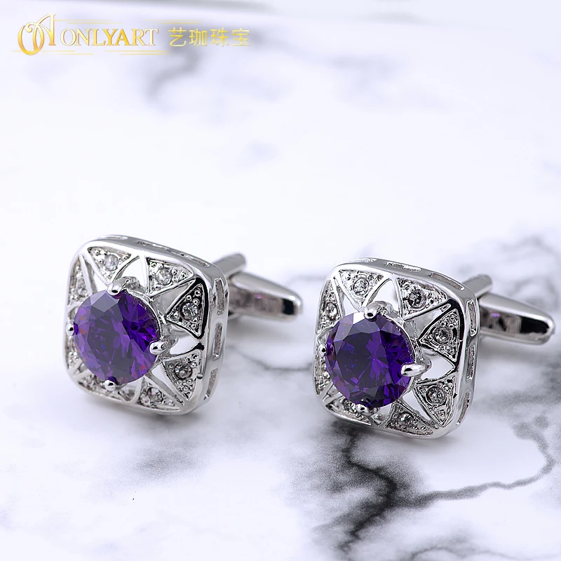 

2019 hot seller cufflink purple crystal cuff link french shirt men accessories silver stone cufflinks OnlyArt