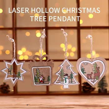 

1Pc Christmas Ornament Wooden Hanging Pendants Star Snowflakes Xmas Tree Bell Christmas Decorations For Home Party New Year