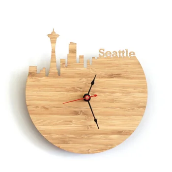 

Natural Bamboo Seattle Wall Clock Skyline Design Bamboo Wall Watch Memorial Photography Decoration Clock Modern City Clock