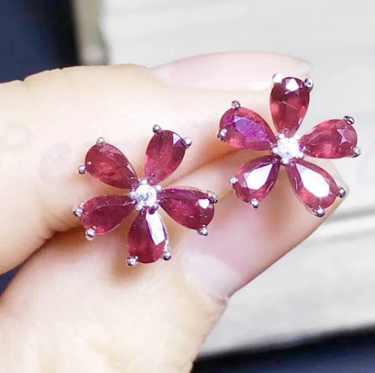 natural ruby Натуральный настоящий сапфир или рубиновый цветок, серьги-гвоздики,, Стерлинговое Серебро 925 пробы, 0.3ct* 10 шт, драгоценный камень# X99271 - Цвет камня: natural ruby