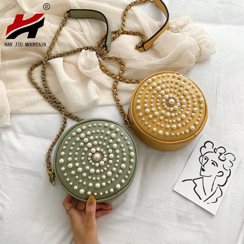 

NAN JIU MOUNTAIN New Korean Version Of The Wild Lady Bag Fashion Shoulder Bag Multi-color Chain Small Round Bag Pearl Decoration