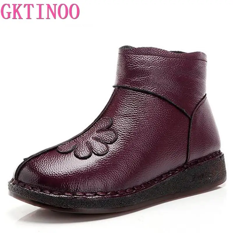 GKTINOO Fashion Winter Middle-aged Women Boots Flat Non-slip Genuine Leather Shoes Woman Ankle Boots Plus Velvet Warm Snow Boots