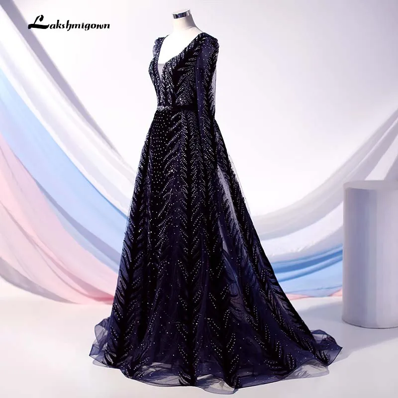 Lakshmigown Роскошные Дубай темно-синие бархатные вечерние платья с длинным рукавом V образным вырезом Кристалл бисером Формальные женские вечерние платья