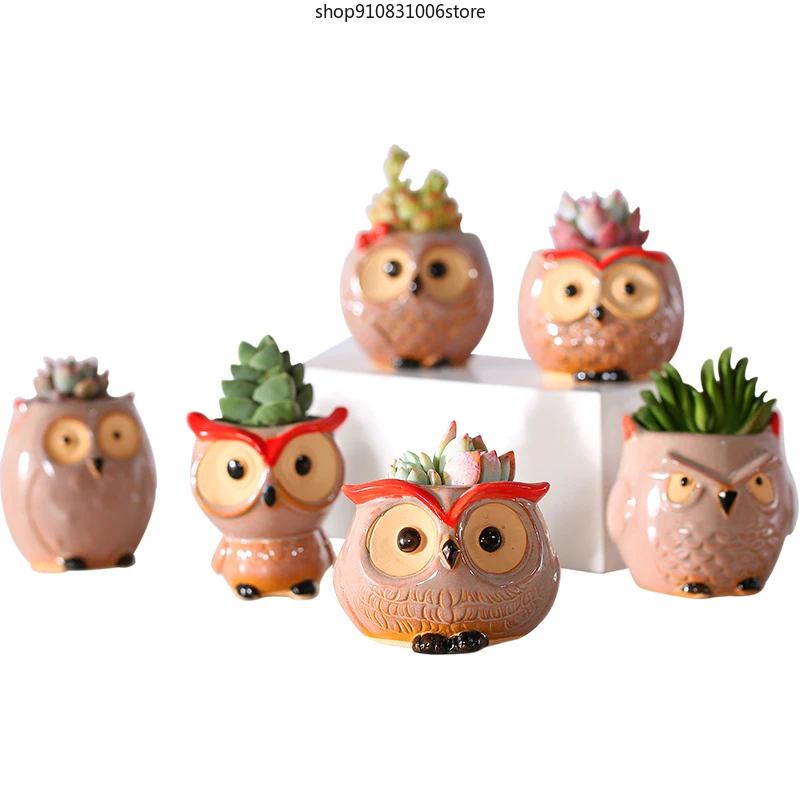 

6pcs Creative Ceramic Owl Shape Flower Pots Desk Cute Design Succulent Planter Desktop Decor Storage Bottle Box