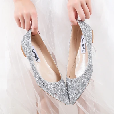 Wedding Shoes Flat Heel Sequins Bling Bling Flats Bride Shoes Gold Silver Pointed Toe Slip on Lazy Shoes Plus Large Size 33-44 