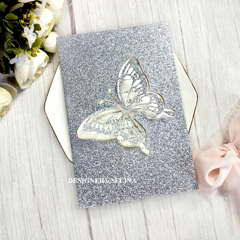 Carte d'invitation de mariage avec enveloppe, impression personnalisée,  papier découpé au laser, papillon blanc brillant, bricolage doux,  invitation d'anniversaire 15, 50 pièces - AliExpress