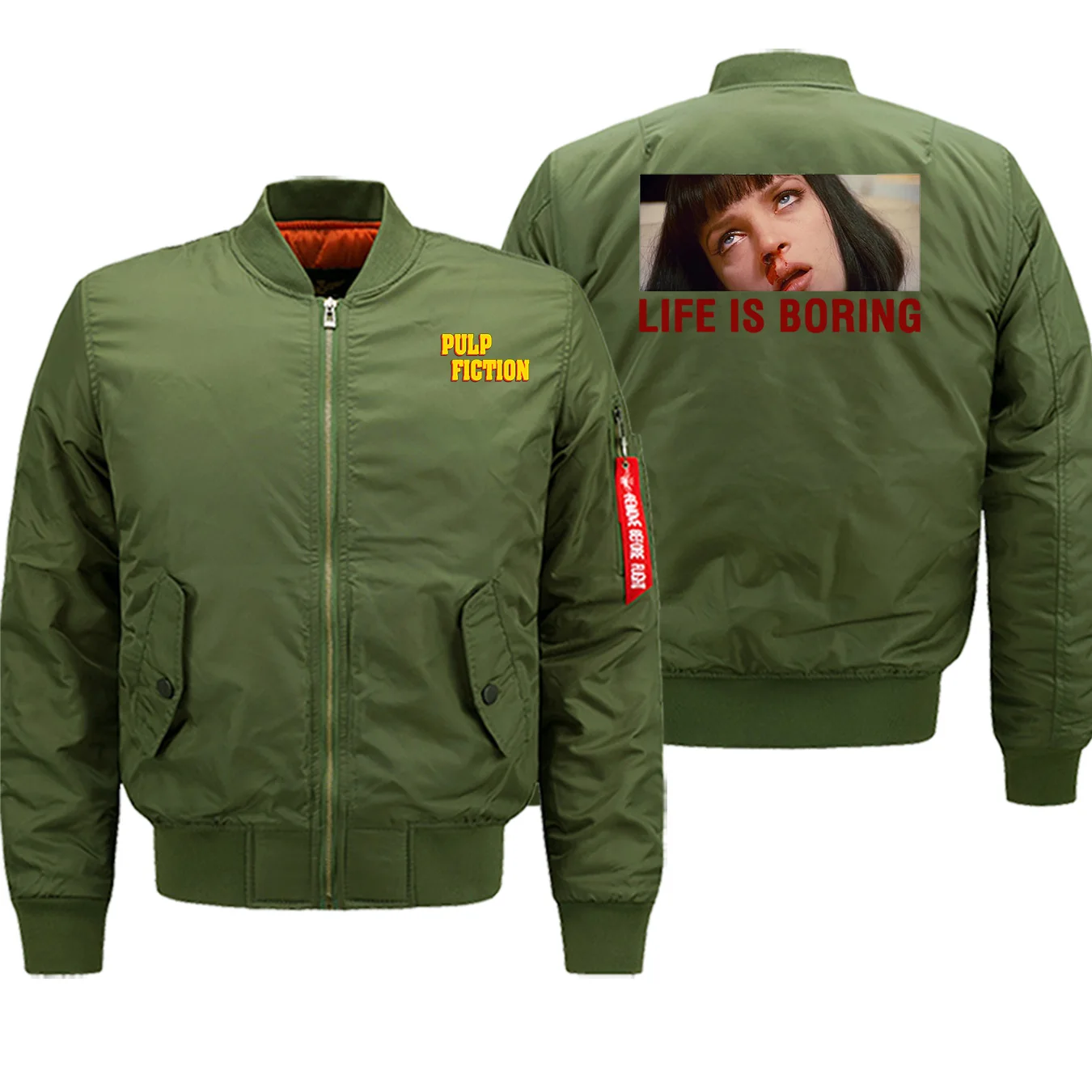 Autumn Winter Hot Sale Pulp Fiction Life Is Boring Coat Thick Jackets Men Streetwear Bomber Casual Jacket Motorcycle Military