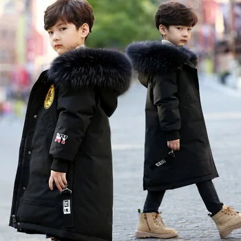 

Boys Winter Cotton Long New 2020 Velvet Thick Cotton Jacket Embroidered Breast Badge with Large Fur Collar Boys Coats 2 Colors