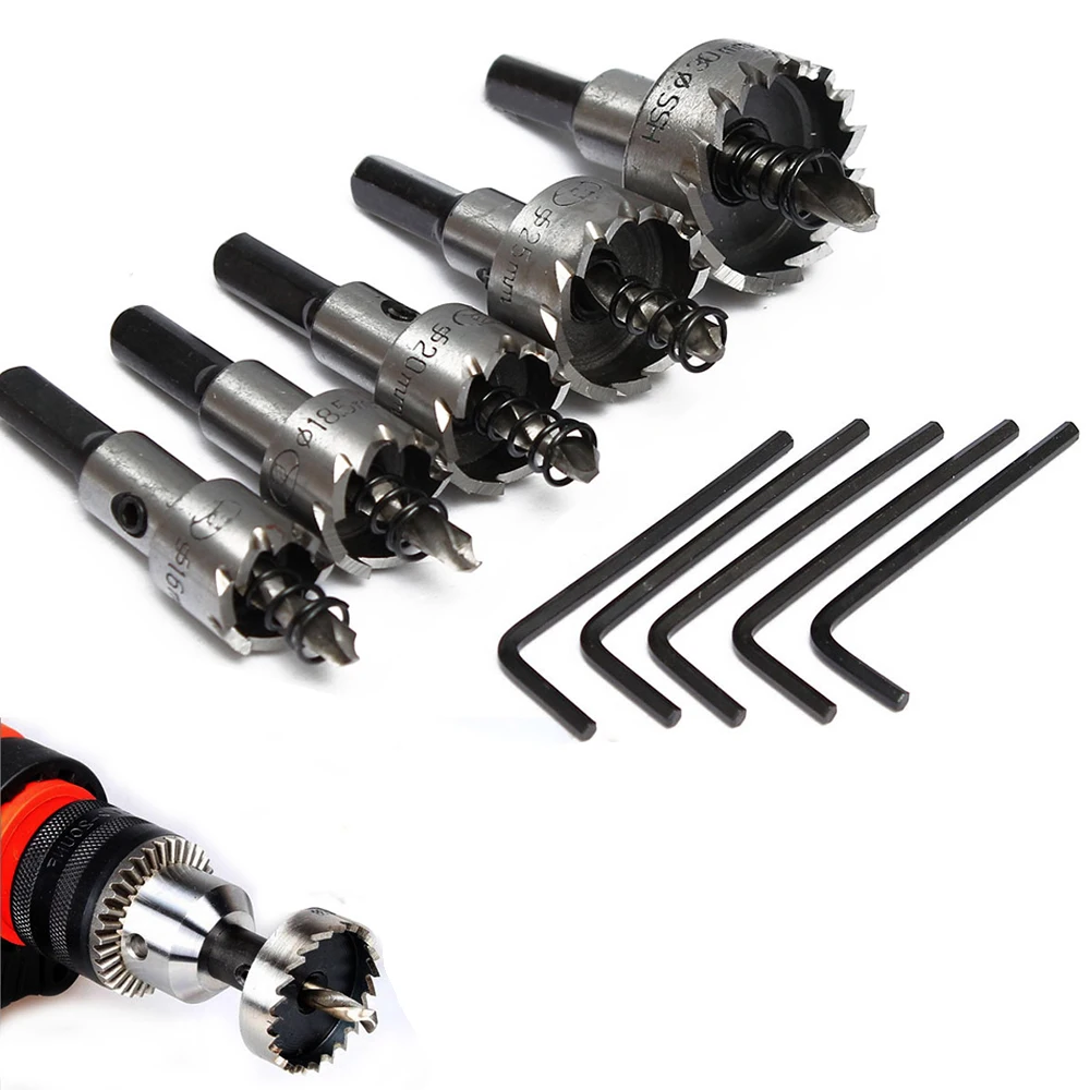 

5pcs silver and black Bit Carbon High Speed Steel Woodworking Hole Saw Set Auger Opener Drilling Wood Plastic Plywood with Round