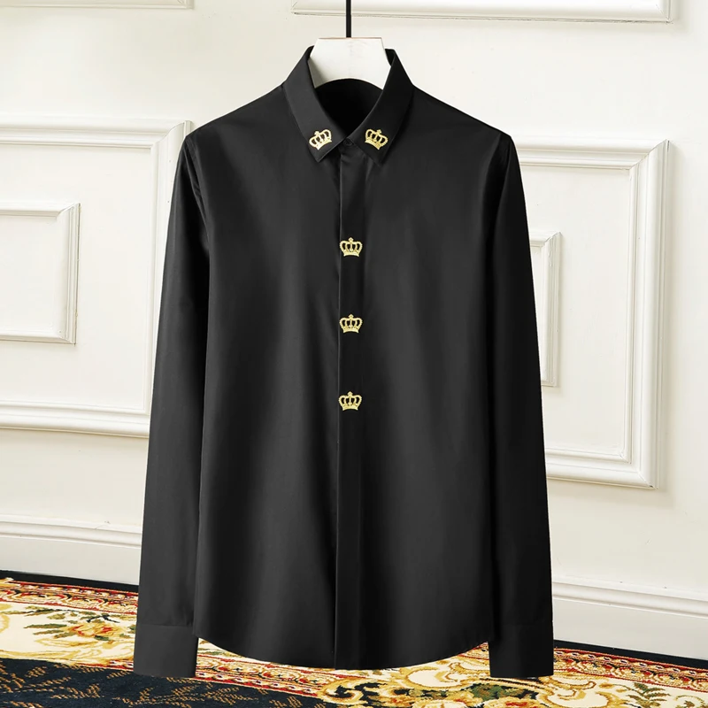 Черный Brand quality Cotton Shirt men Elegant Embroidery Long sleeve Slim Chemise homme Solid color Casual business shirts for men - Цвет: Черный