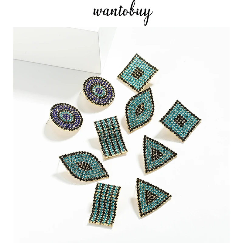 

Wantobuy Fashion Copper Golden Earrings Geometric Triangle Square Round Turkey Eyes Stud Earrings for Women Girls Party Gift