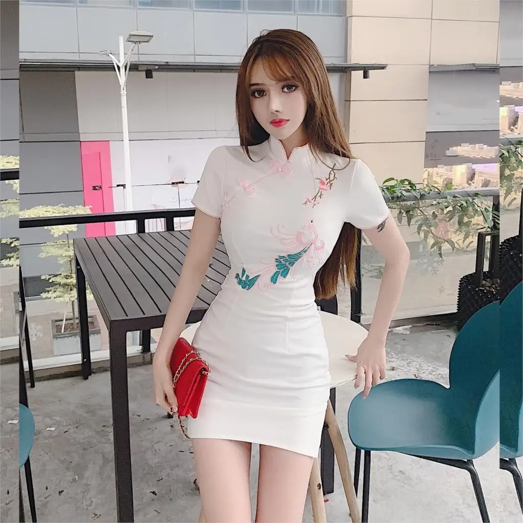 Китайское платье cheongsam, атласное, сексуальное, облегающее, qipao, цветочный принт, воротник-стойка, vestido chino, белое, cheongsam, восточное платье