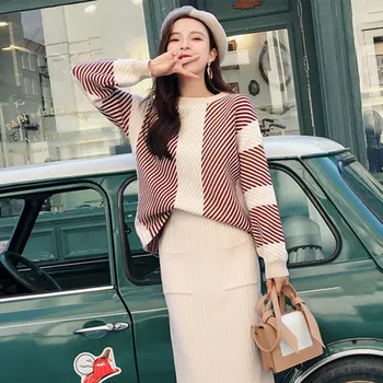 

Knitted Set Suits Womens Thick Loose Striped Sweater + Pencil Skirt Set For Women Suit Spring 2 Piece Set Knit Ladies Outerwear