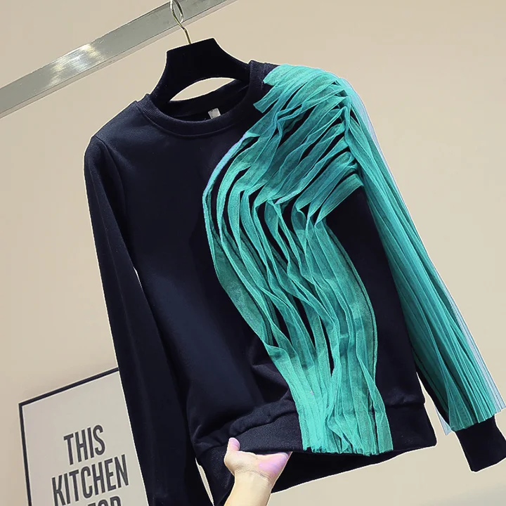 Hoodies Women New Mesh Stitching Round Collar Black Hoodie Women Pullover Tracksuit Fashion Sweatshirt Girls Lady Streetwear