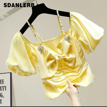 

Heavy Industry Diamond Set Strap Horizontal Neck off-Shoulder Short Sexy Small Shirt Female 2020 New Style Fashion Design Top