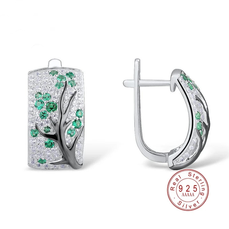 Модный цветок сливы в форме ветви Роза красный зеленый кристалл серьги гвоздики AAA+ CZ Циркон 925 стерлингового серебра серьги для женщин