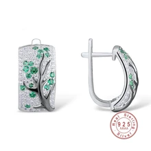 Модный цветок сливы в форме ветви Роза красный зеленый кристалл серьги гвоздики AAA+ CZ Циркон 925 стерлингового серебра серьги для женщин