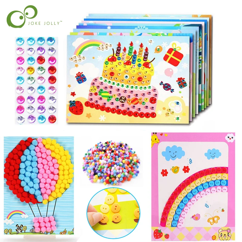 

3pcs Kids DIY Button Stickers Pompom Ball Sticker Diamond Drawing Toys Handmade Painting Craft Kit Children Educational Toys ZXH