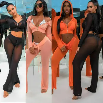 

HOT Women Hoodie Mesh Tops Pants Tracksuit Sportswear Beachwear Bikini Cover Up