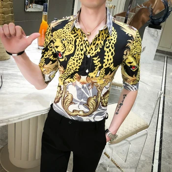 

Golden Leopard Print Short Sleeve Shirts Brand Streetwear Social Dress Shirts Nightclub Party Camisa Homme 2020 Summer Men Shirt