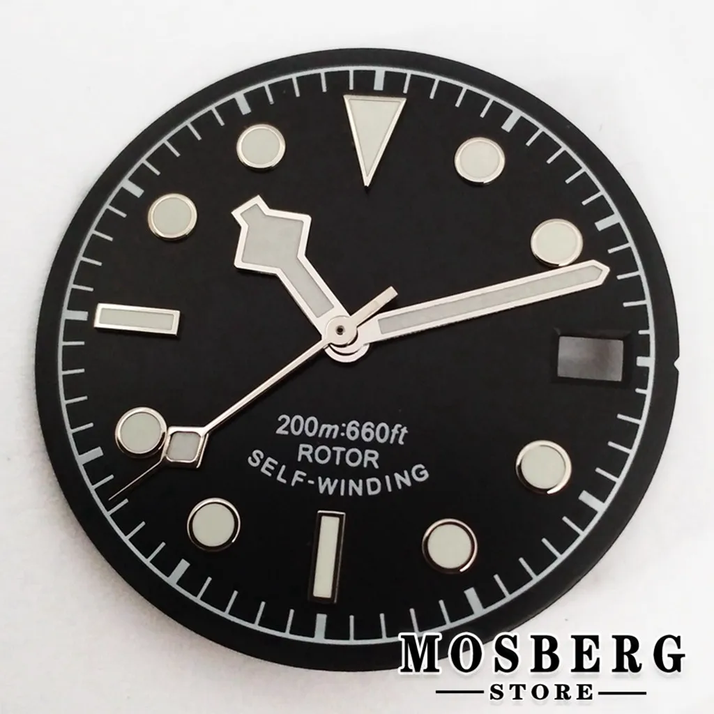 Sterile Luminous Black and Green Watch Dial with Date Window and Hands - 28.5mm