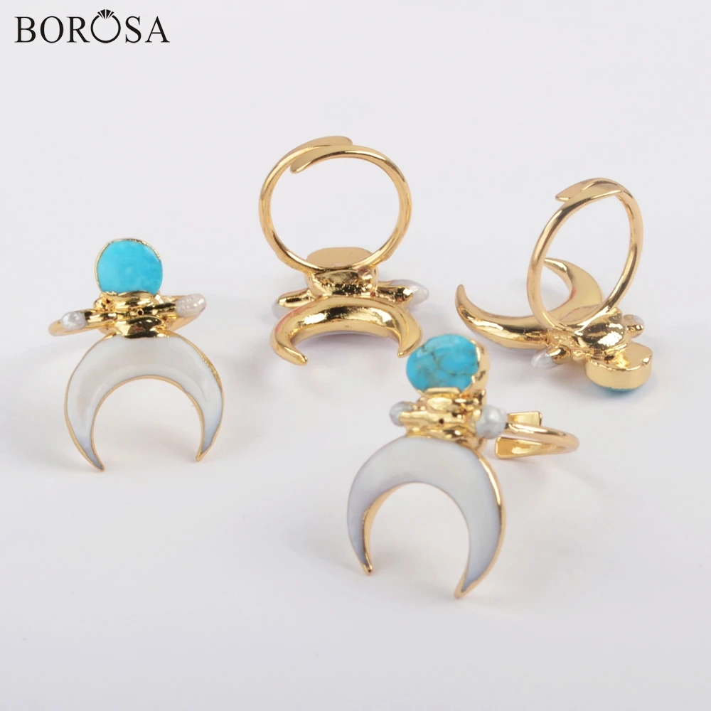 BOROSA 5 шт. богемное золотое покрытие полумесяц кольца ракушки натуральная бирюза и жемчуг регулируемое женское кольцо, бижутерия ручной работы G1862