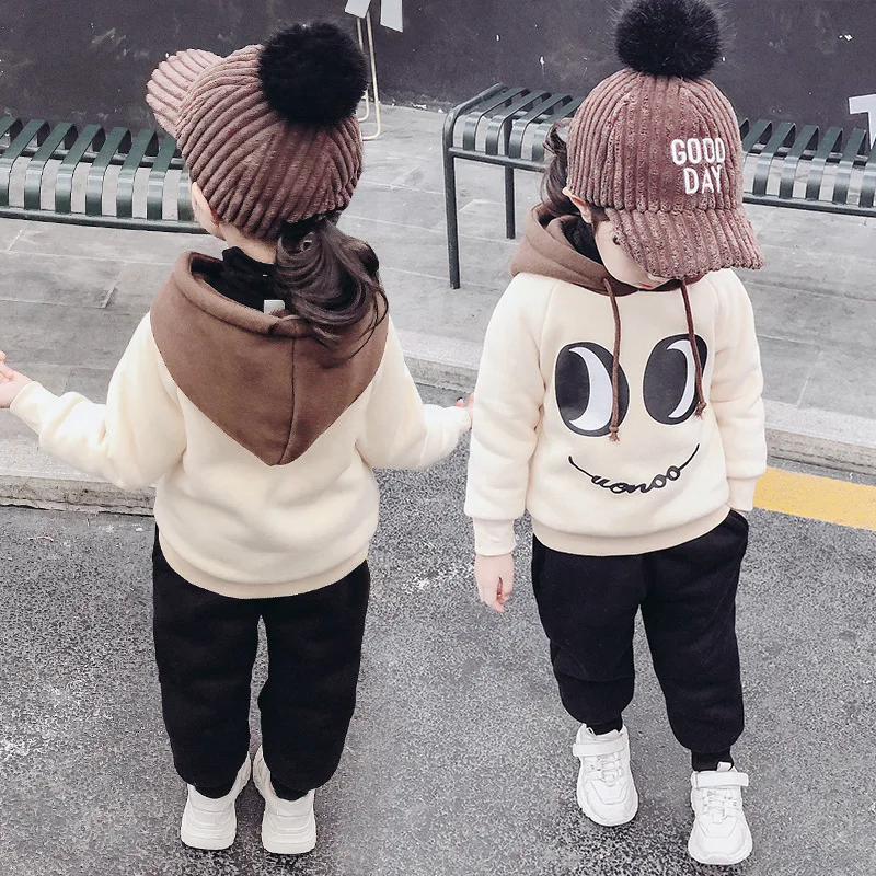 

2019 Winter Korean-style Girls Smiley Set Children Hooded Brushed And Thick Hoodie Two-Piece Set
