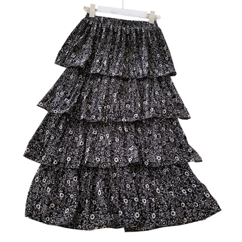 

2020 Spring Summer New Arrival Skirt Korean Wild Mid-Length Elastic Waist Chiffon Floral Cake Skirts Faldas Saias