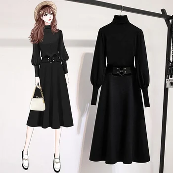 

High-quality women's irregular sweater + pure black waist a-line skirt Two Piece Sets Elegant Woman Solid Vintage Skirt Sets