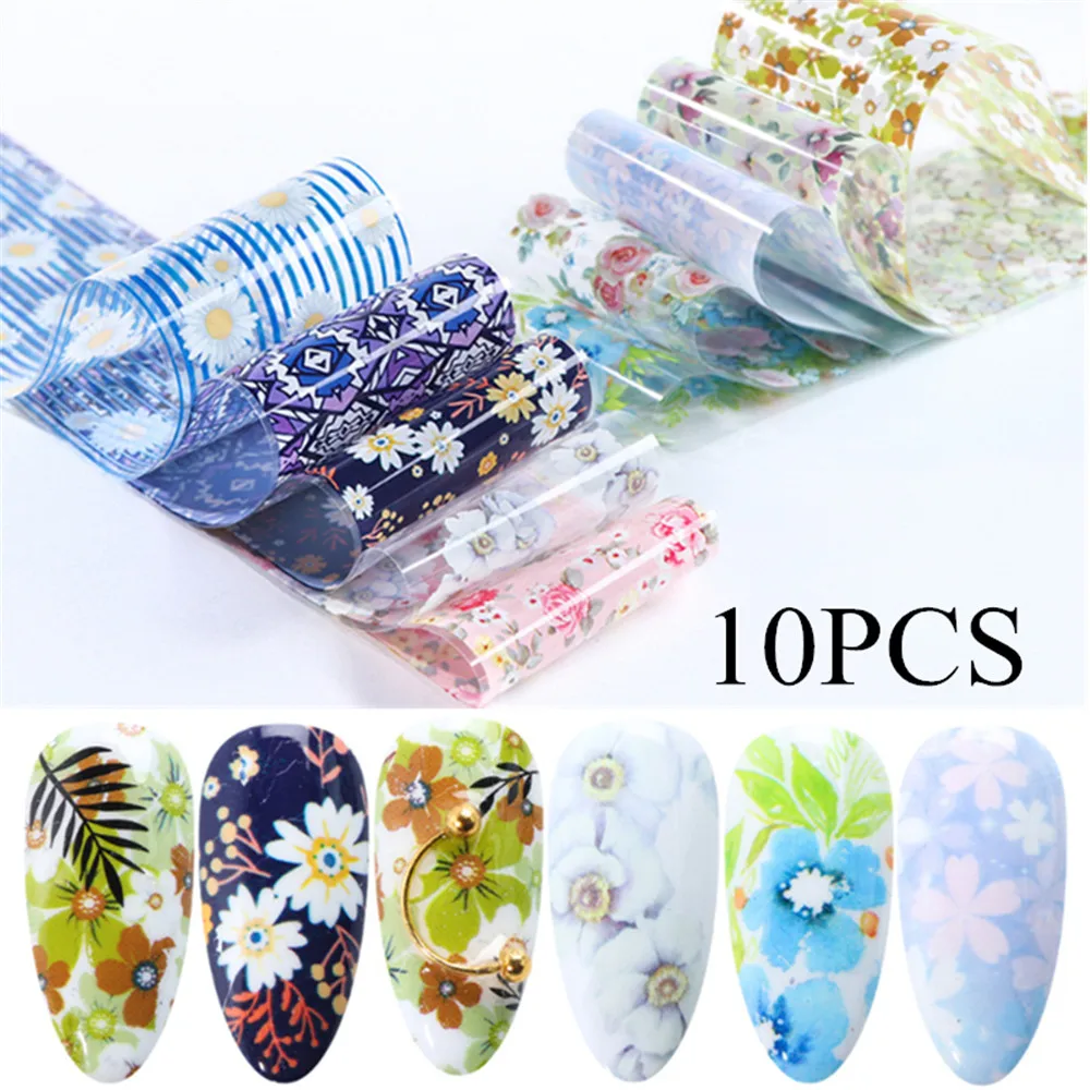 10Pcs/Set Retro Flowers Nail Foils Stickers Nail Art Glue Transfer Decals DIY Wraps Slider Manicure Nail Art Decoration Tool Set