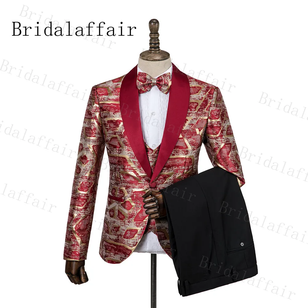 Bridalaffair мужские костюмы с красным отворотом Роскошные смокинги Jacqaurd Нежные мужские костюмы высокое качество свадебные смокинги жениха куртка+ жилет+ брюки