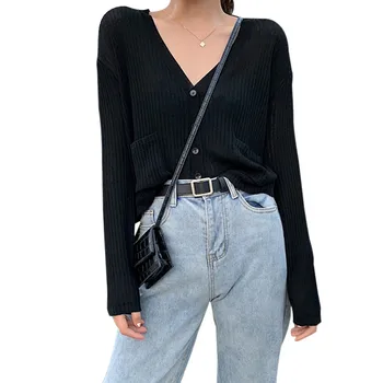 

Women's Solid Long Sleeve V-Neck Thin Blouse Sun Protection Button Up Knitted Cardigan
