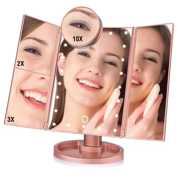 

LED Touch Screen Makeup Mirror Professional Vanity 16 LED Lights Beauty Adjustable Countertop 22 Led Rotating Battery USB Charge