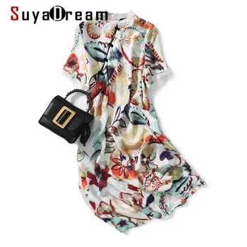 

SuyaDream Women Chinese Style Silk Dresses 100%Silk Cheongsam Printed Knee length Vintage Dress 2020 Summer Midi Dress
