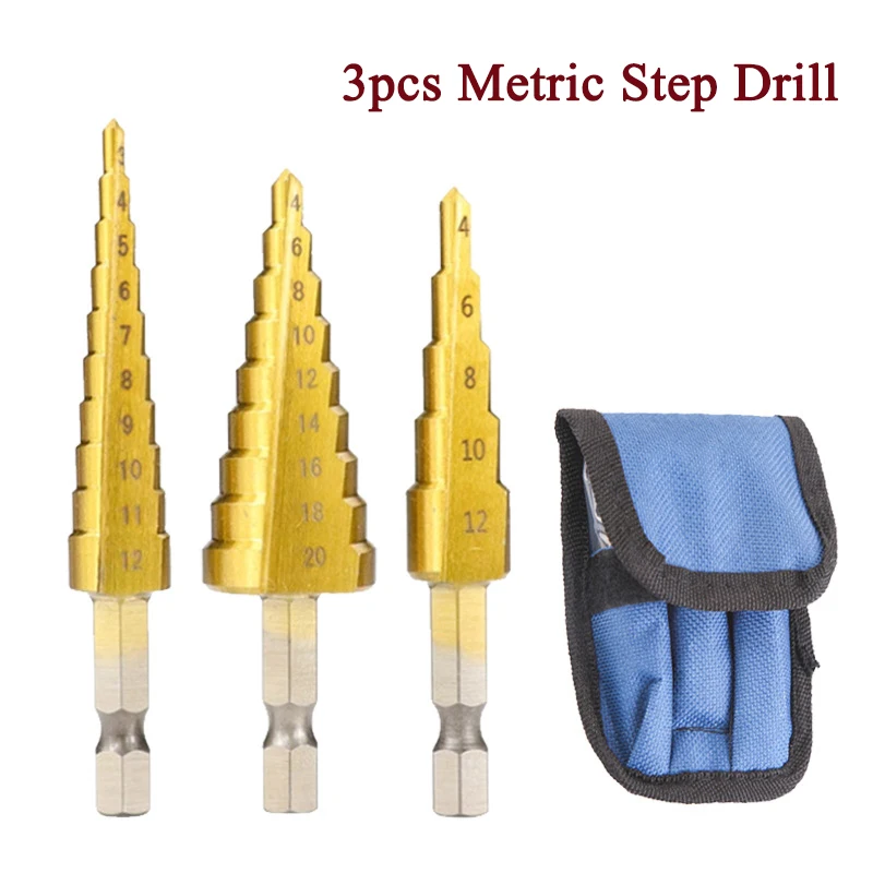 3pcs Metric/Imperial High Speed Steel Step Drill Aluminum Sheet Thin Iron Hole Opener Straight Slot Hexagon Shank Coring Tool