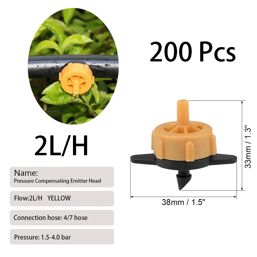 100/200 Pcs 2L/4L/8L Pressure Compensating Drip Emitters Adjustable Drippers Micro Connectors for Garden Lawn Drip Irrigation 