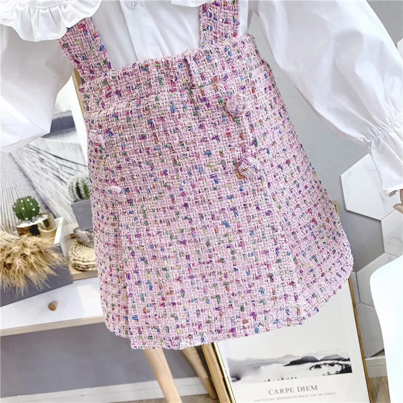 Комплекты одежды для маленьких девочек; белая рубашка+ розовый комбинезон; юбка; модная осенняя одежда для девочек; милый комплект; комплект одежды для детей