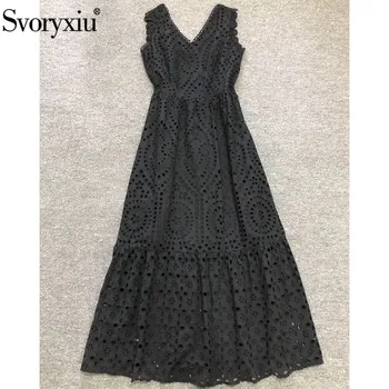 

Svoryxiu 2020 Runway Summer Hollow Out Embroidery White Tank Long Dress Women's Sexy Deep V-Neck Backless Bow Party Dresses
