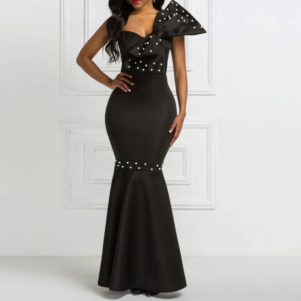 

Summer Women Solid Black Sexy Mermaid Dress SleevelessBead Bowknot Floor-Length High Waist Elegant Paty Dresses Female Vestido