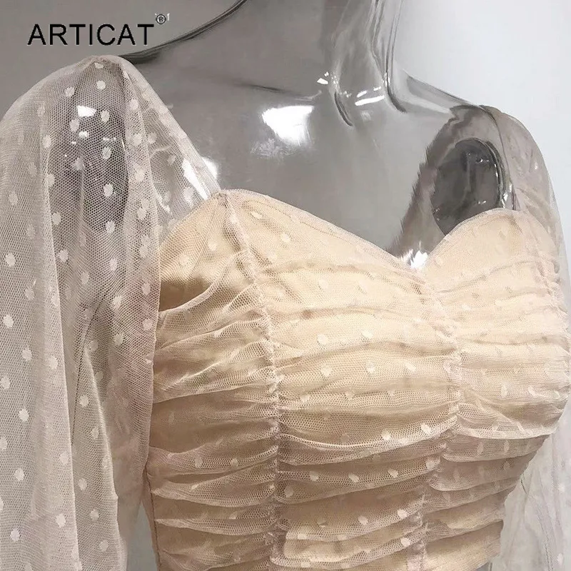 Articat, сексуальные женские топы в горошек, с низким вырезом на спине, прозрачные короткие шифоновые сетчатые футболки, женские клубные, вечерние, элегантные футболки