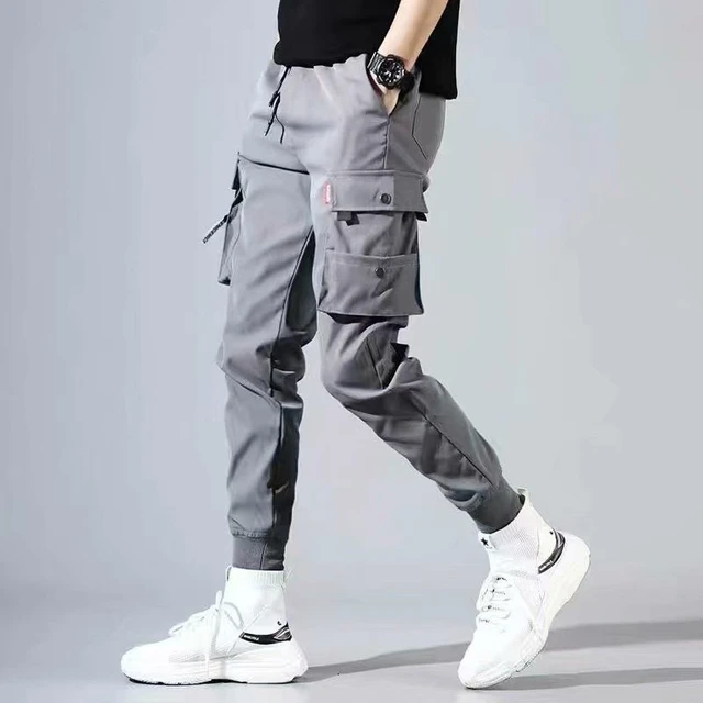 Men Cargo Pants Black Ribbons Block Multi-Pocket Harem Joggers Sweatpant  Hip Hop Casual Male Trousers