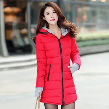 

winter women hooded warm coat slim candy color cotton padded basic jacket female medium-long jacket plus size