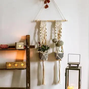 

Vintage Macrame Plant Hanger Bohemian Hand-woven Net Bag Hanging Basket Gardening Flower Pot Hanging Decoration Balcony Wall Pe